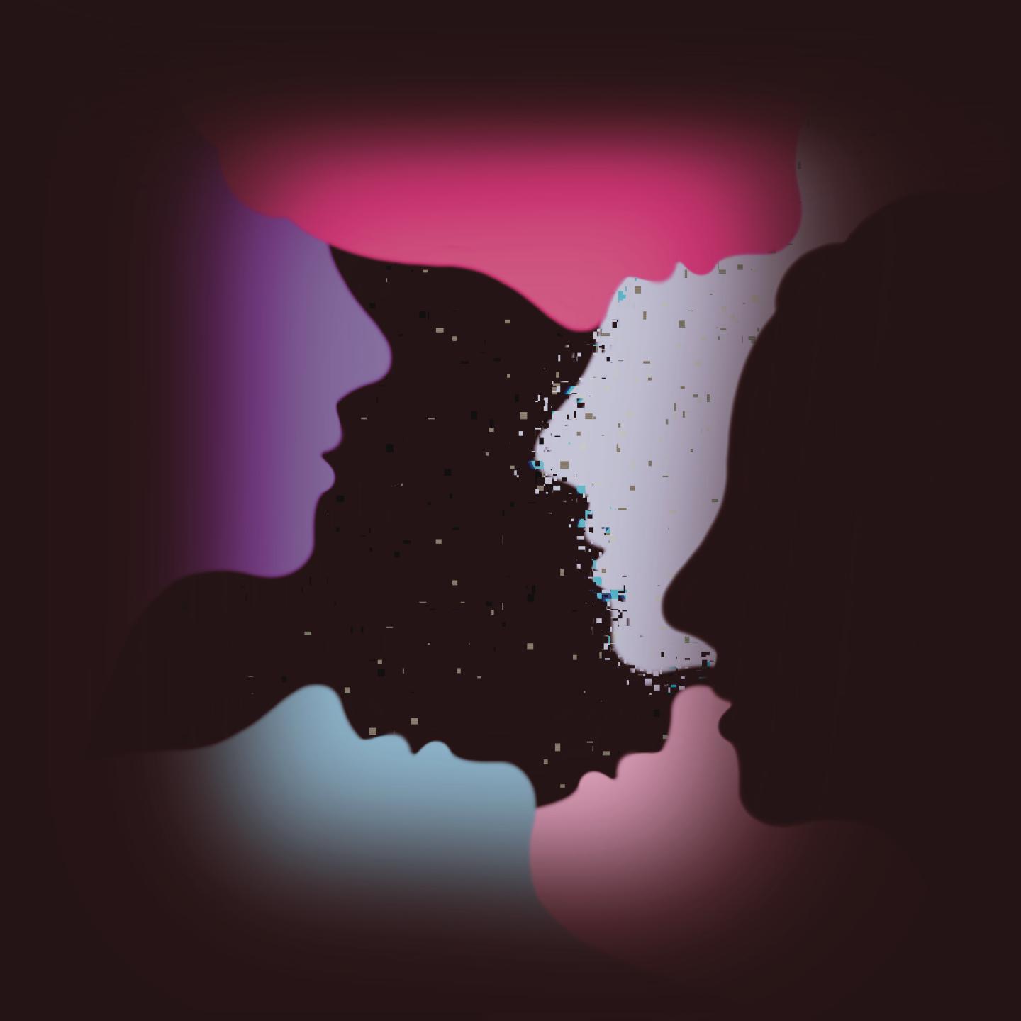 Grafika przedstawiająca kolorowe profile twarzy na czarnym tle